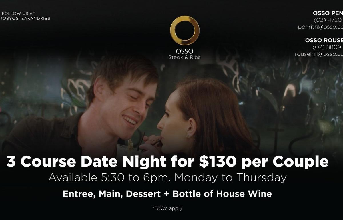 3 Course Date Night Menu for $130 Per Couple including a Bottle of House Wine.